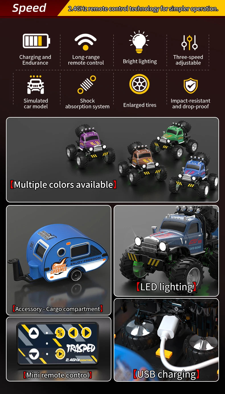 Mini Off-Road RC 1:64 sterowanie smartfonem, LED + dźwięk silnika